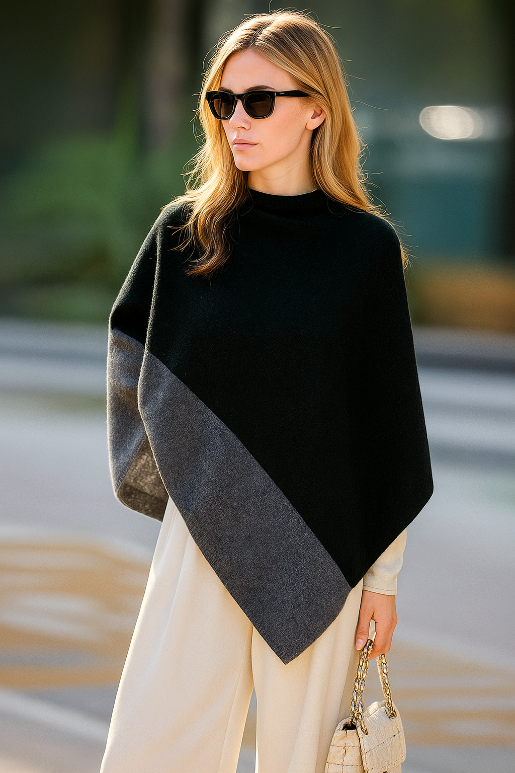 Asymmetric Two Tone Cashmere Poncho
