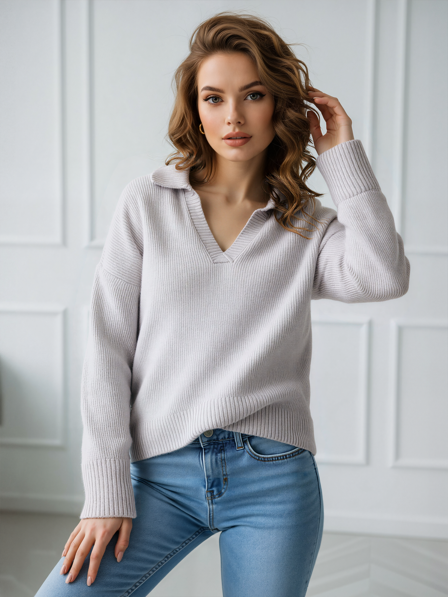 Refined Cashmere White V-Collar Knit