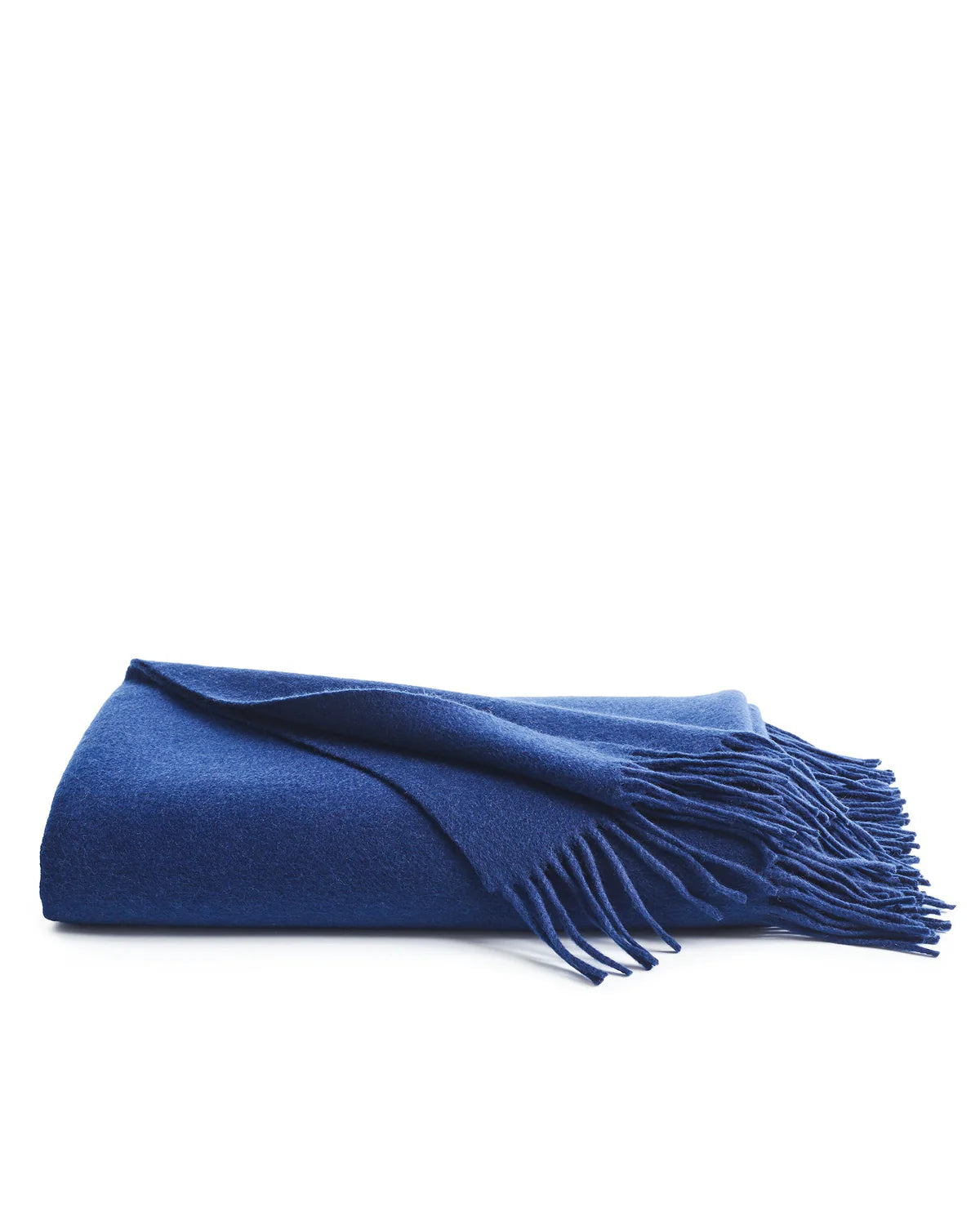 front view of navy cashmere fringe throw blanket on white background